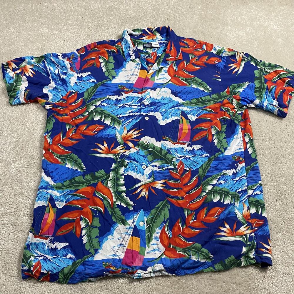Polo Ralph Lauren Shirt Mens XLT Blue Sailboat Hawaiian AOP Short Sleeve Viscose